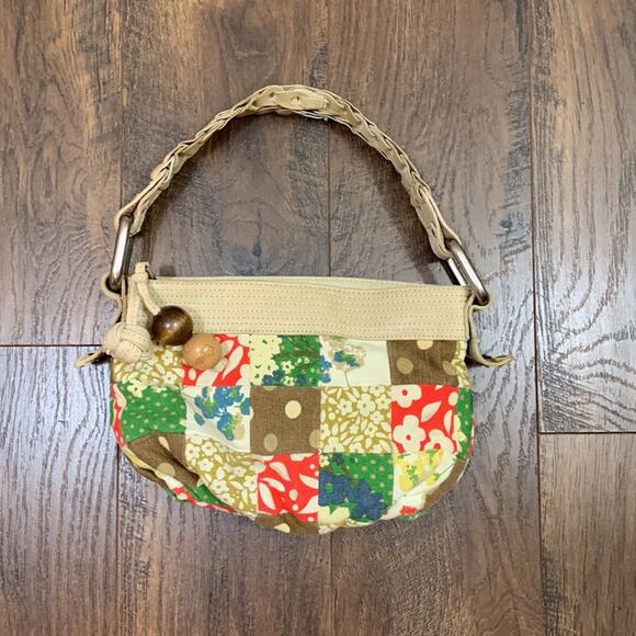 Fossil Patchwork Leather/Canvas Hobo Cream/Tan/Orange Bag - Picture 1 of 7